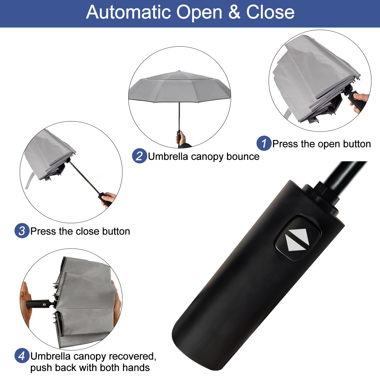 Satol Extra Large Golf Umbrella, 46/54/62 Inch Windproof 10 Ribs Vented Double Canopy Reflective Strips Automatic Open/Close Waterproof UV Protection Portable Compact Umbrella for Outdoor & Travel