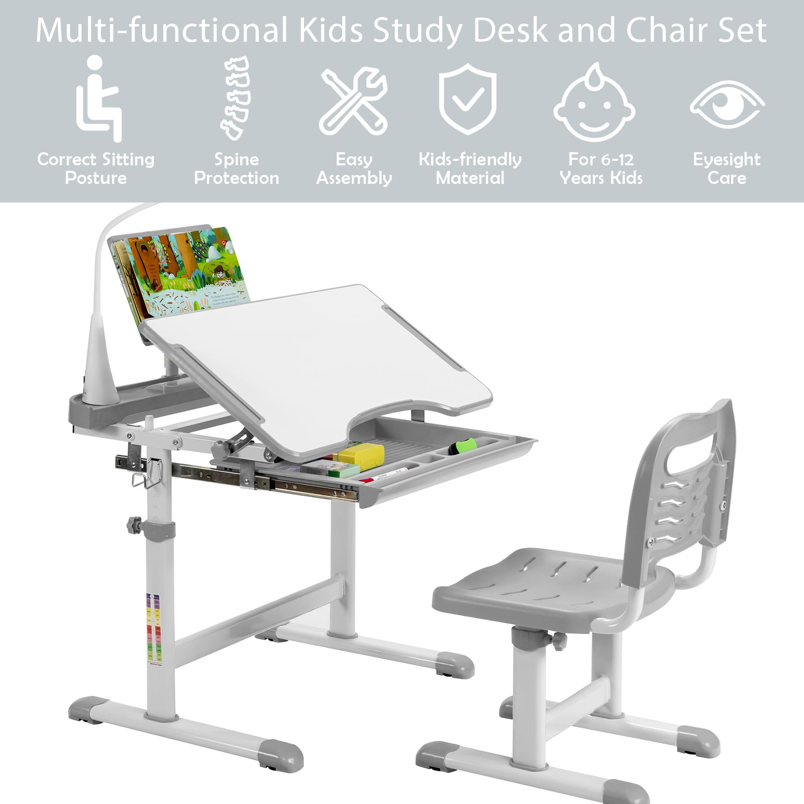 LIFEZEAL Bureau pour enfant réglable en hauteur avec chaise, bureau d'étudiant avec tiroir, support de livre et lampe de table, bureau pour lire, écrire et peindre (gris)