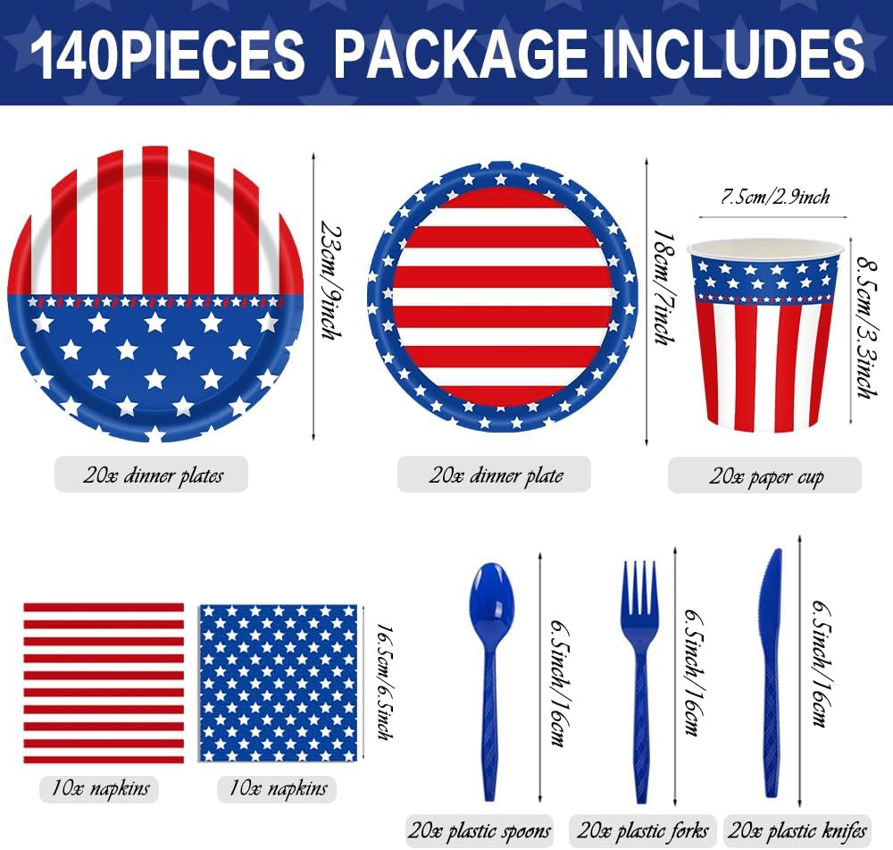 140Pcs Independence Day Party Supplies Tableware Set 4th of July Disposable Plates and Napkins American Flag Patriotic Party Decorations Stars and Stripes 4th of July Paper Plates, for 20 Guest