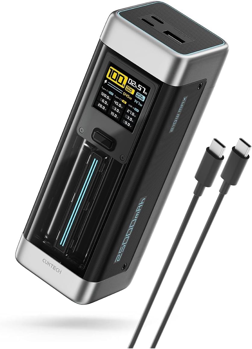 CUKTECH 20 Power Bank, 25000mAh 210W Caricatore Portatile Batteria con 3 porte, Laptop Caricabatterie USB C PD 140W, Digitale Display, Ricarica Rapida per PC portatile,MacBookPro, GalaxyS23, iPhone15