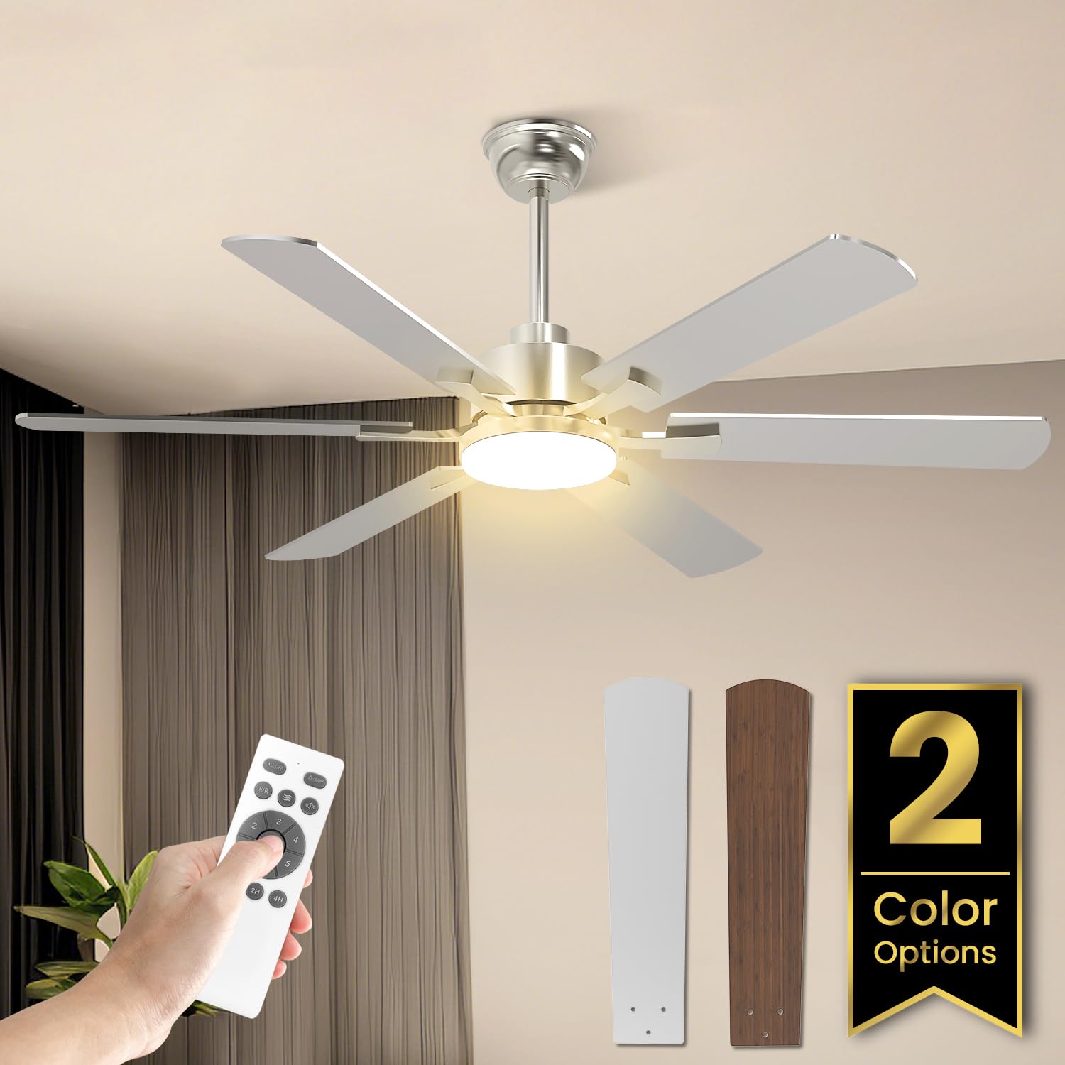 Ventilatore da Soffitto con Luce, 132cm Grande Ventilatore Soffitto con Luce e Telecomando, LED Lampadario Ventilatore con Silenzioso Reversibile DC Motore per Camera da Letto, Soggiorno