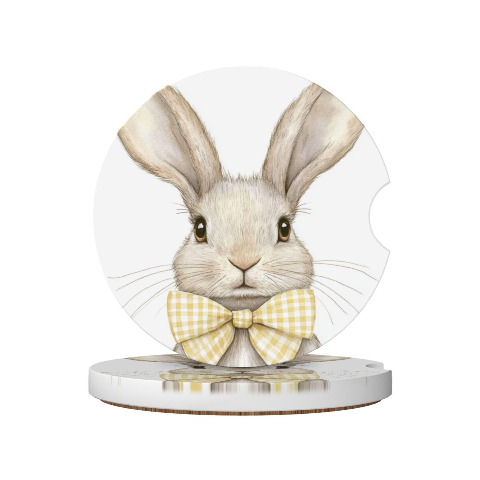 Watercolor Rabbit with Light Yellow Checker Bow Ceramic Coasters,2pcs
