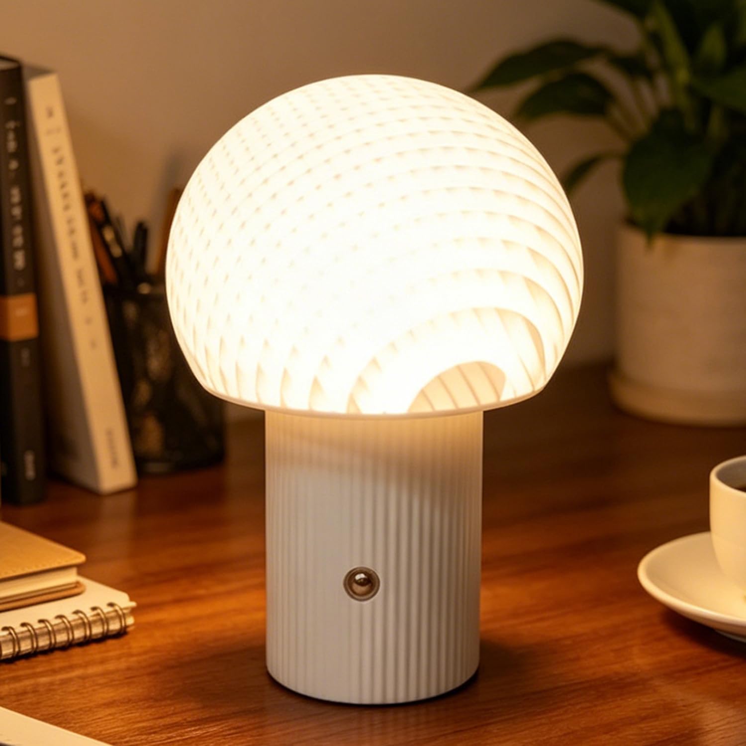 Lámpara de mesa inalámbrica con forma de seta, recargable por USB, 3 temperaturas de color, lámpara LED de mesita de noche regulable con batería, lámpara decorativa de mesa blanca impresa en 3D
