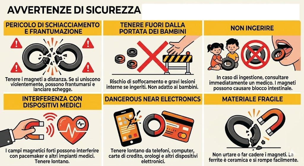 Magnete Tondo con Foro, Magnete ad anello in ferrite, diametro 60mm, per esperimenti elettronici e scientifici, colore nero