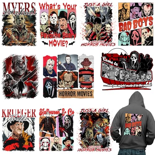 10 Sheets Halloween Iron on Patches Stickers Halloween Iron on Transfers for T-Shirts Horror Movie Characters Halloween Heat Transfer Vinyl Iron on Decals for Bags Clothes