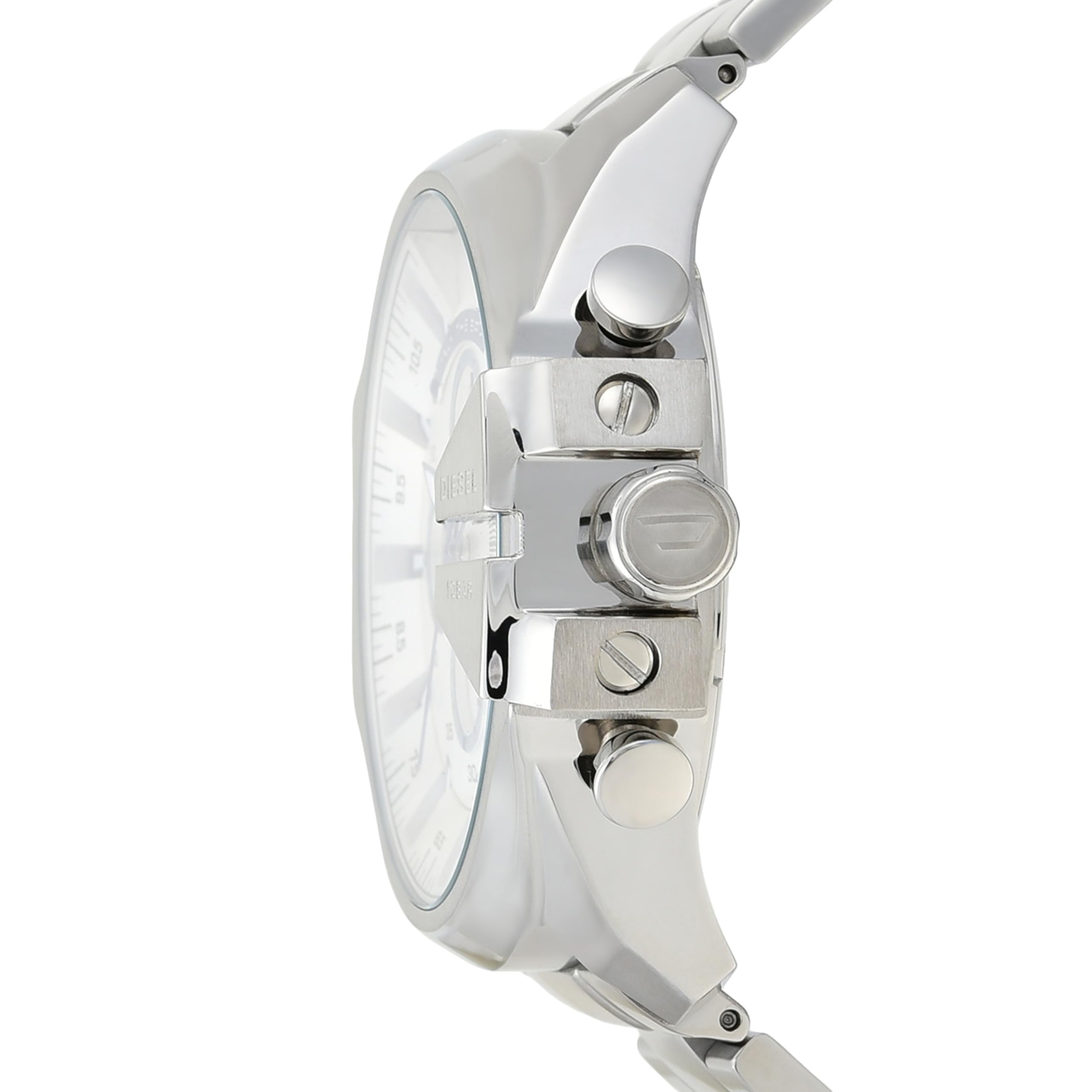 Diesel Reloj para hombre Mega Chief, movimiento cronógrafo de cuarzo, caja de acero inoxidable plateado de 59 mm con correa de acero inoxidable, DZ4308