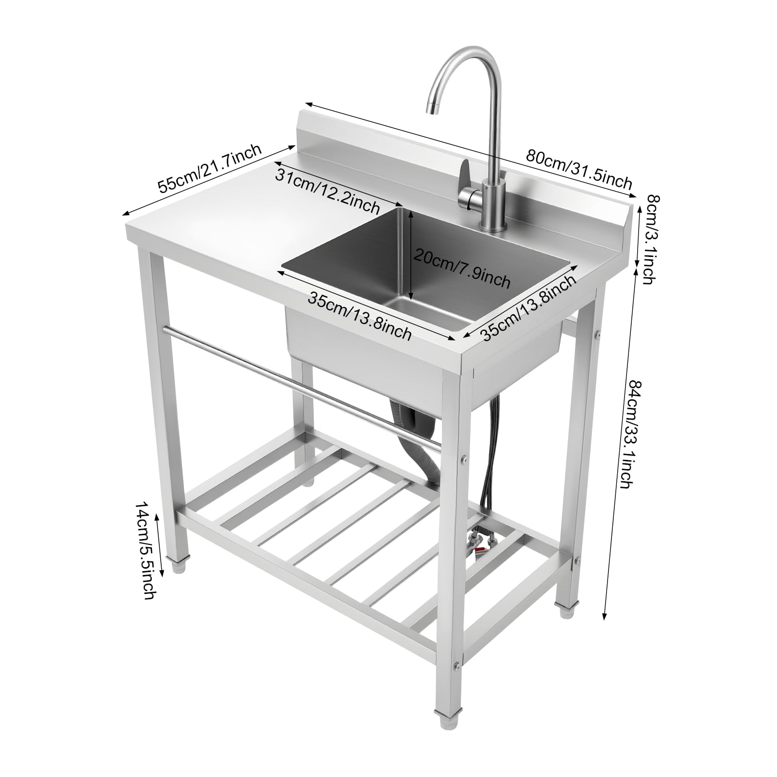 Évier de cuisine indépendant en acier inoxydable avec plan de travail 1 bac, évier de cuisine avec robinet, capacité de charge 220.46lbs
