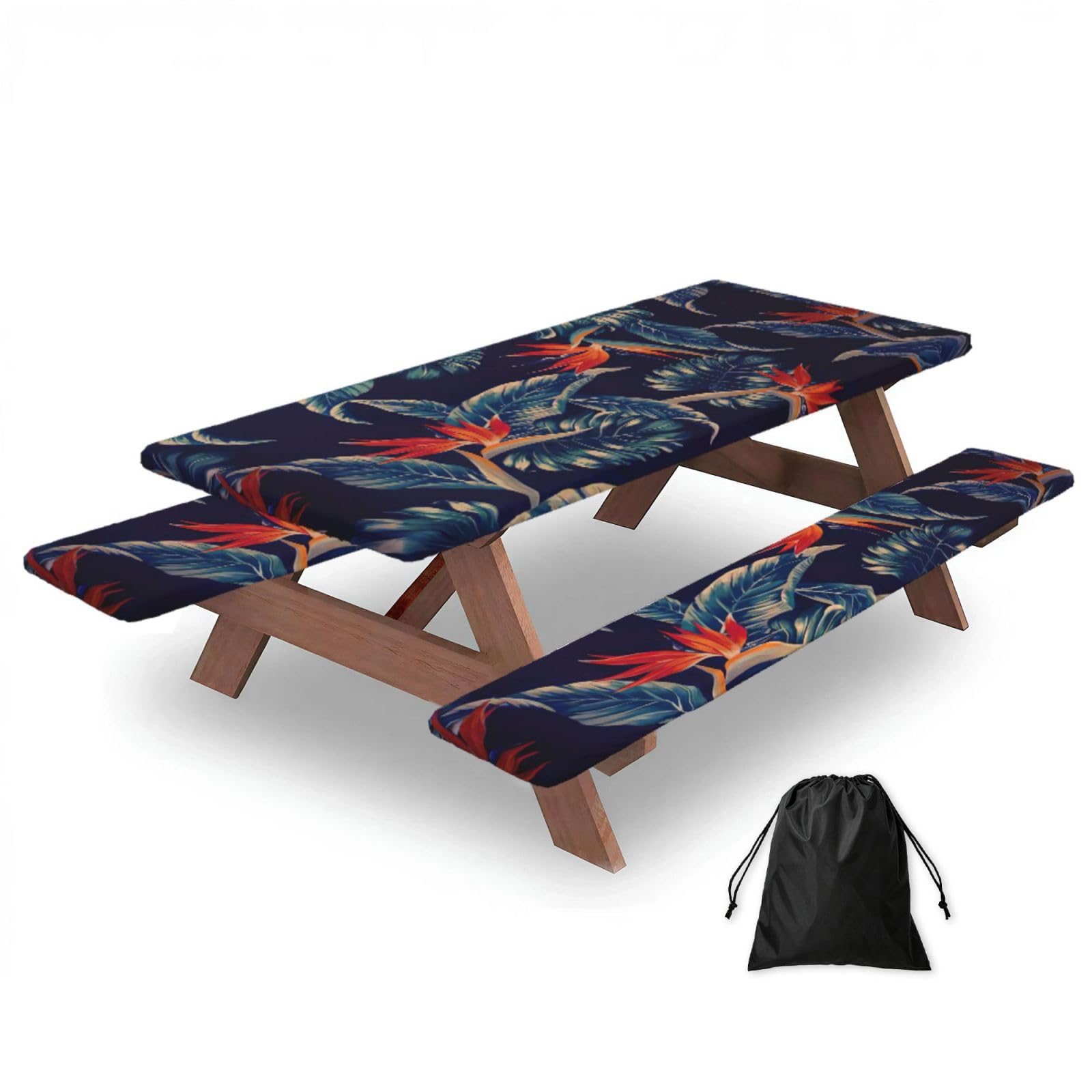 Yqxwjl Black Hawaii Tropical Flower Print Camping Essentials Waterproof Camping Table And Bench Cover With Drawstring Bag 183 Cm