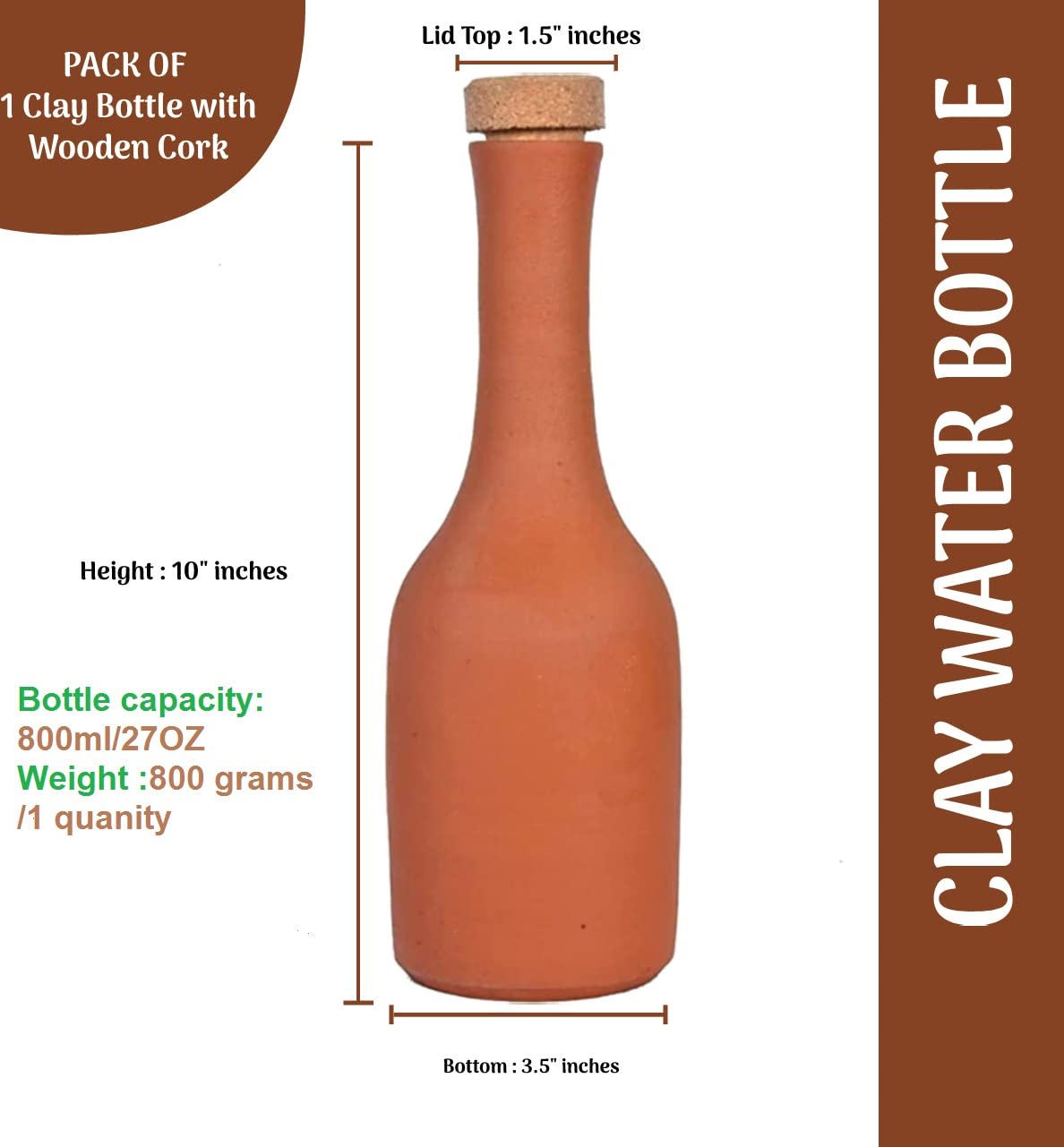 Village Decor Terracotta clay water bottle with lid (Cork Bottle -800ml)
