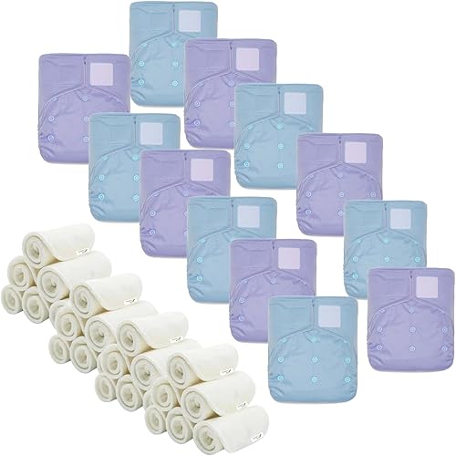 KaWaii Baby Paquete de 12 pañales de tela resistentes HD2 con 24 insertos de pañales de 5 capas de alta calidad, a prueba de fugas, reutilizables,