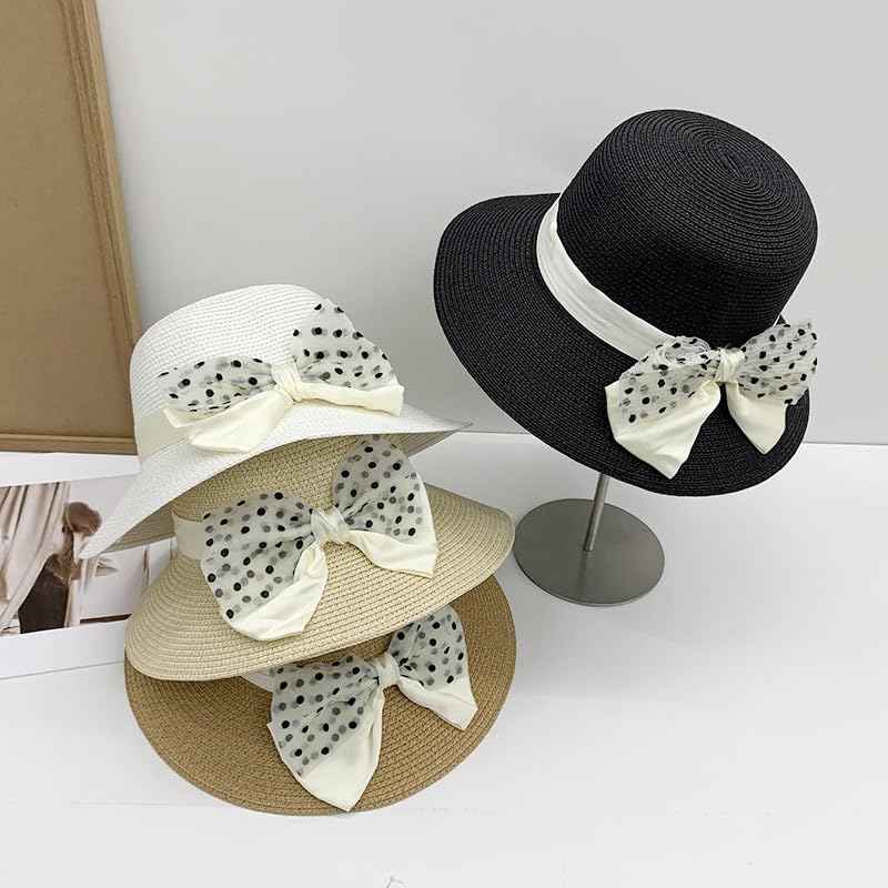 Sombrero de Paja de Verano para Mujer,de ala Ancha,Ligero,con Lazo de Lunares,Plegable,Flexible,Transpirable,para Playa,para Actividades Al Aire Libre