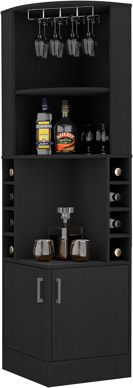Delhi Black Engineered Wood Corner Bar Cabinet with Glass Rack