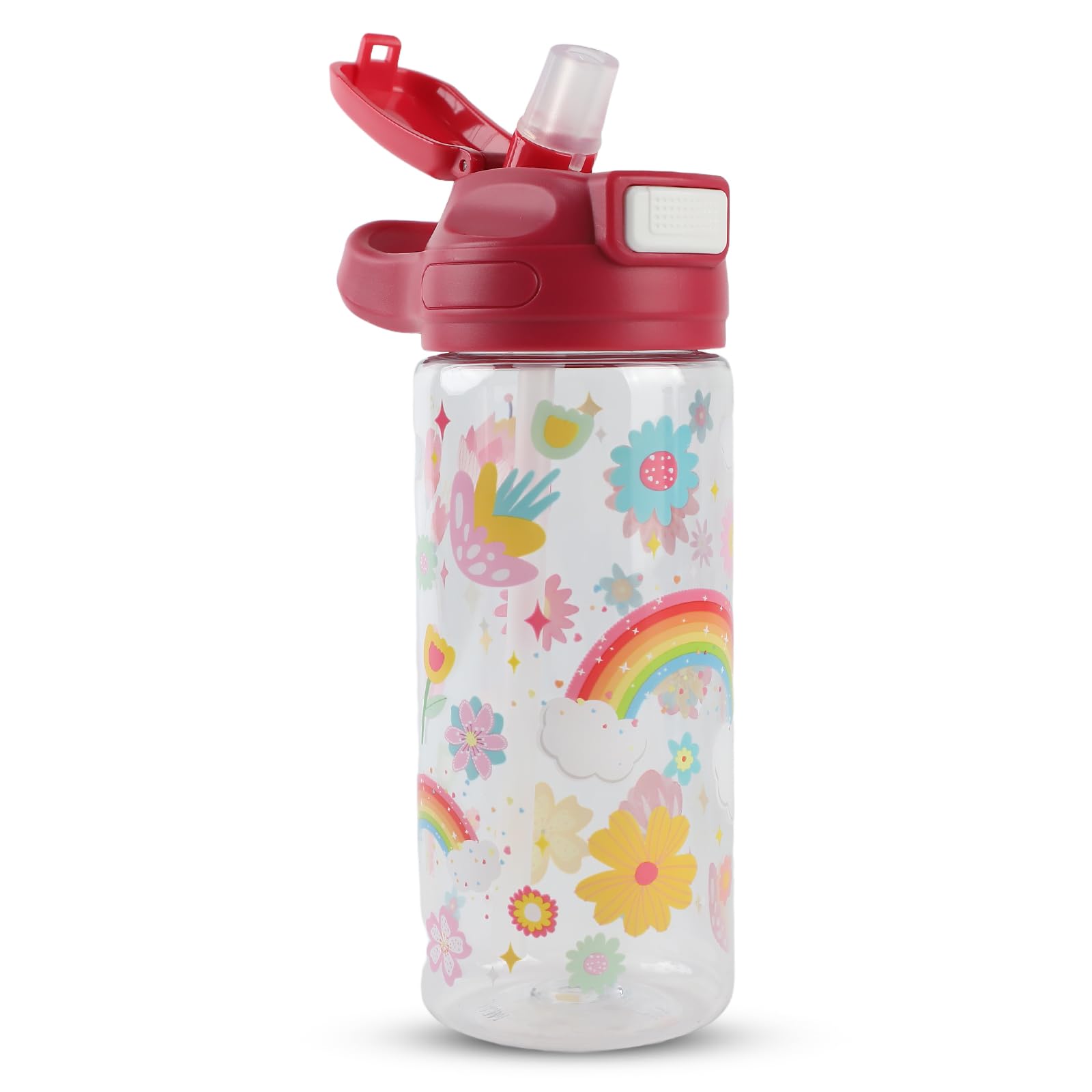 MHwan Kids Water Bottles, 600ml, Sturdy, Unbreakable, Leakproof, BPA-Free, One-click activation, Easy to Clean, Children's Water Bottle with Straw, Ideal for School and Outdoors (Rainbow)