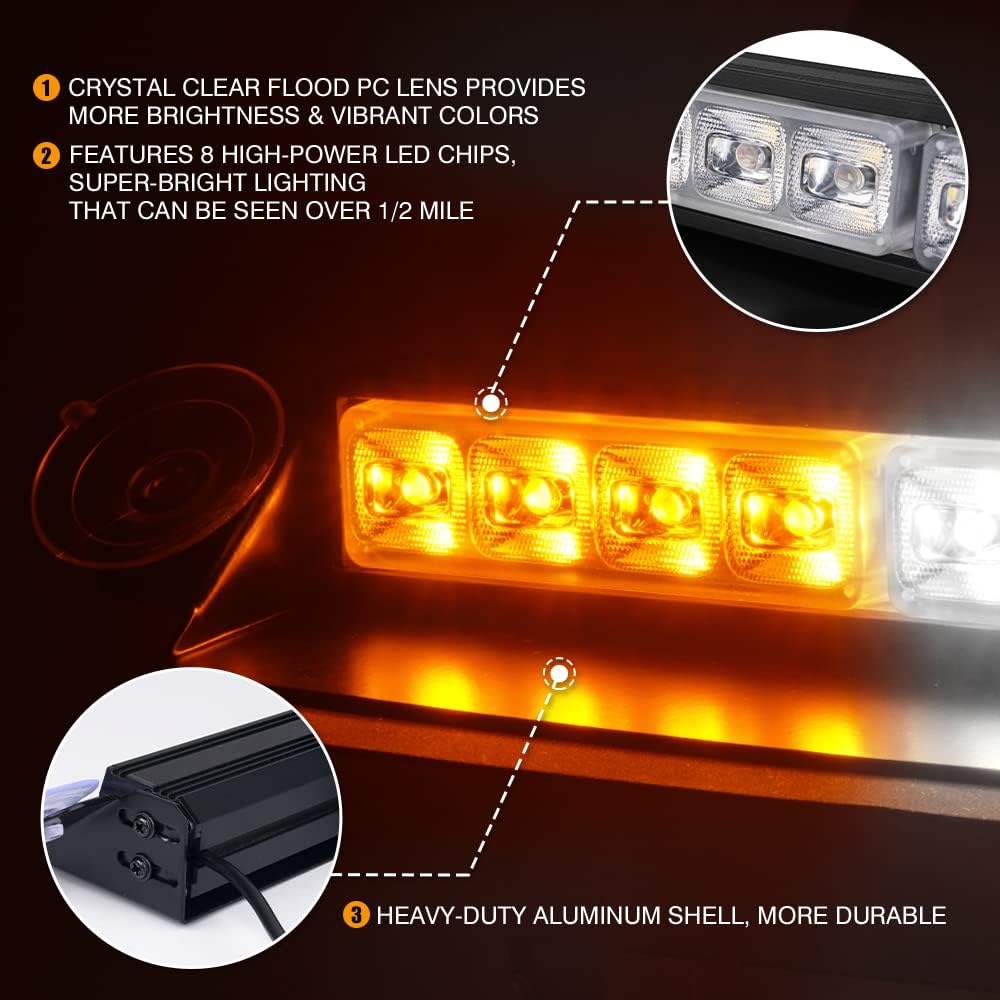 Xprite White&Amber LED Strobe Flashing Light Aluminum, Windshield Dash Deck Hazard Warning Traffic Advisor Caution Lights w/ Suction Cups, for Emergency Construction Vehicles POV Truck EMS Snowplow : Automotive
