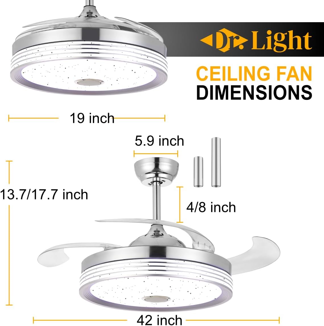 Modern Retractable Ceiling Fan with RGB Color Lights and Bluetooth Speaker Fandelier 42 inch Ceiling Fan with Light Remote Control APP 6 Speed Quiet Reversible DC Motor for Bedroom Living Room,Silver