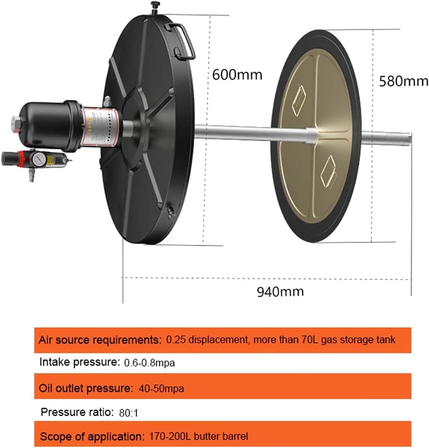 Pompa per grasso ad aria compressa 80:1 con pistola e tubo flessibile da 6 metri per fusti da 170-200 litri, utensili di lubrificazione per impieghi gravosi da 40-50 MPa, uscita ad alta pressione