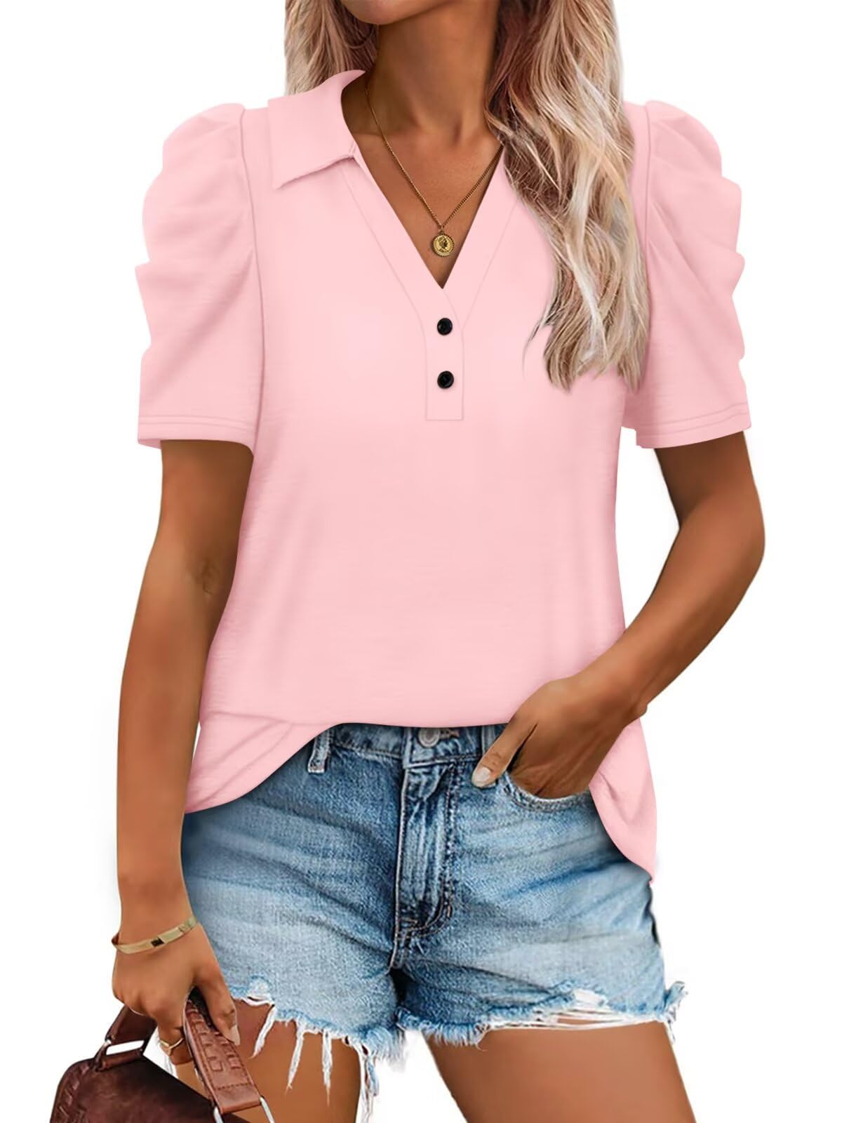 Women's Puff Short Sleeve Tops V Neck Polo Shirts Casual Summer Blouses Fashion Trendy 2026 Clothing-image-40