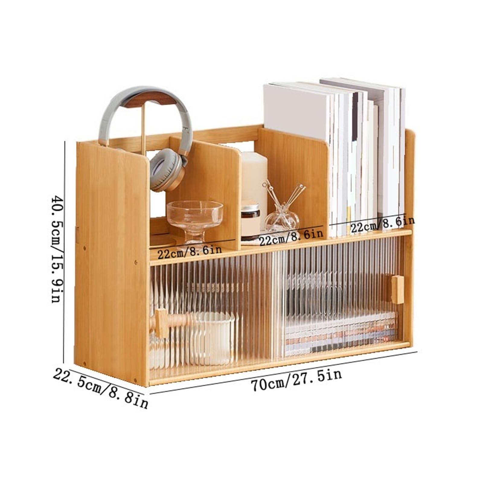 Eckregale Bücherregal, Tisch-Minimalismus-Aufbewahrungseinheit aus Bambus mit Glasschiebetür for das Heimbüro Anzeigeeinheiten(Groß)