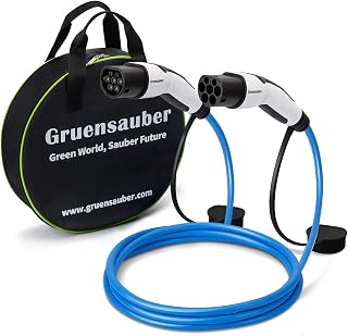 Gruensauber Type 2 to Type 2 EV charging cable, 3 Phase, 32 Amp, 22kw, 5M Mode 3 EV Charging Cable, with Free Carry Case