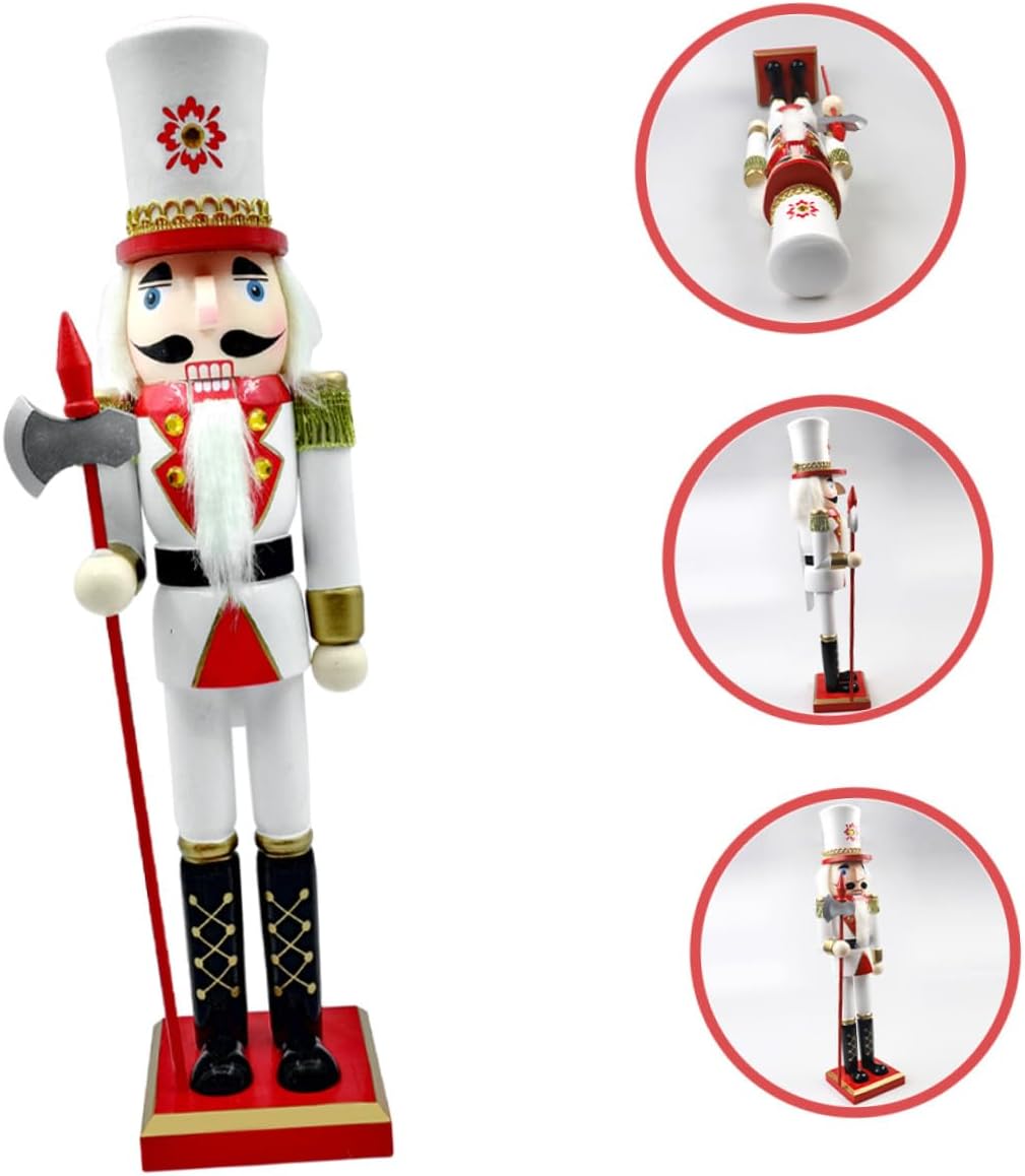 Wooden Nutcracker Decoration 39.5cm Traditional Xmas Nutcracker Soldier Figure Red White Gold Christmas Desktop Ornament for Holiday Home Décor