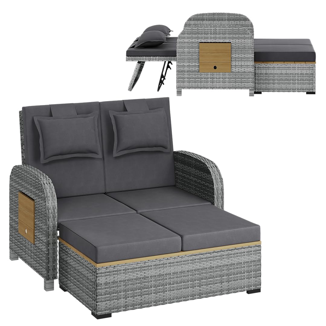 STEELSØN Caelum Sonnenliege mit Kissen Grau – Rattan Loungebett verstellbare Rückenlehne – Doppelliege ausklappbare Seitentische – Gartenliege wetterfest – Sonnenbett 2 Personen – mit Liegefunktion