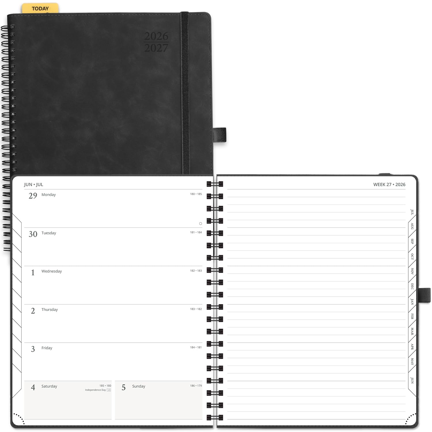 POPRUN Agenda settimanale 2026-2027 (26 luglio-27 giugno), grande 21,6 x 26,7 cm, agenda accademica 2026-2027 con linguette mensili, tasche interne, copertina morbida in pelle a spirale, 100 g/m²