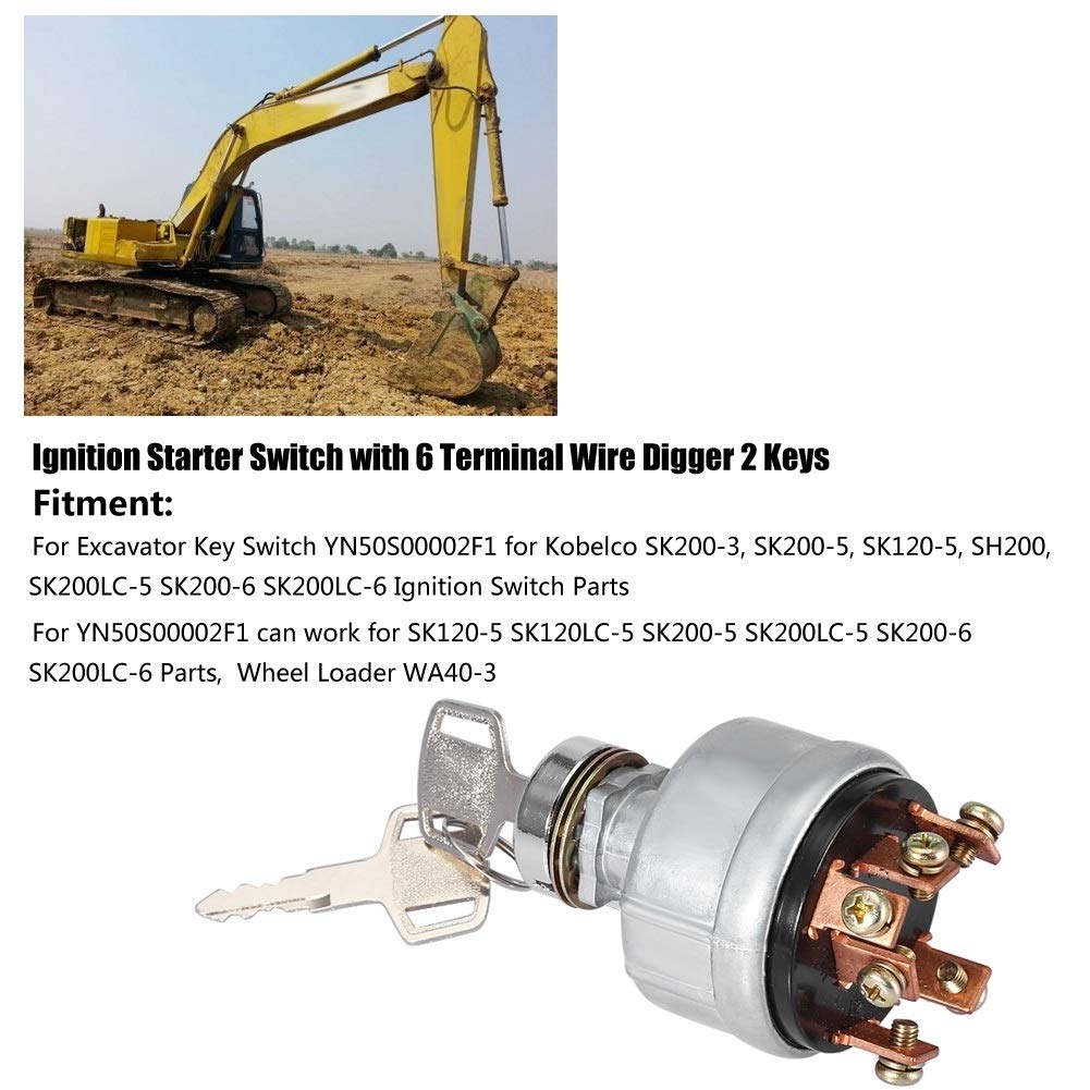 Blocchetto accensione, Interruttore di accensione Interruttore di avviamento di accensione con 6 terminali Filo scavatore 2 Chiavi Compatibile con Kobelco SK200-3 SK200-5 SK120-5