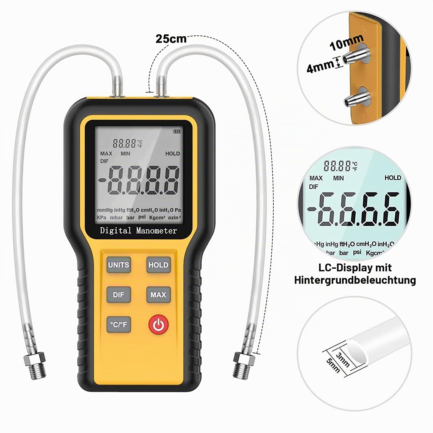Differenzdruckmessgerät Kethvoz Gasdruckmessgerät HVAC Gas Manometer mit Zwei Anschlüsse zur Messung des Luftstrom-Gasdifferenzdrucks ±2,999 psi /±20,68 kPa, 12 wählbare Einheiten & Datenspeicher