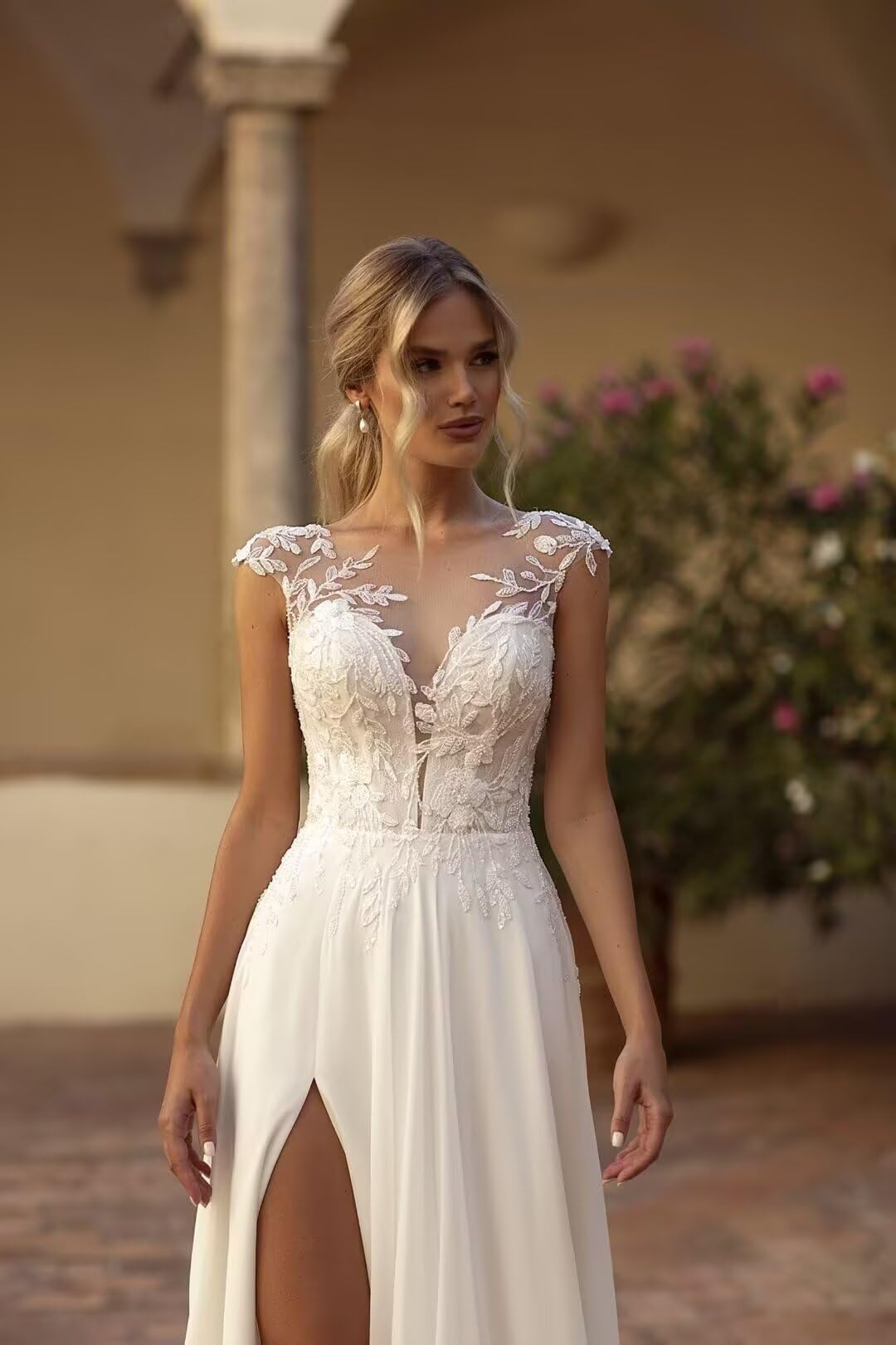 HUINI Brautkleid Standesamt Hochzeitskleid Chiffon Boho Spitzen Lang Strand Brautmode Kleid