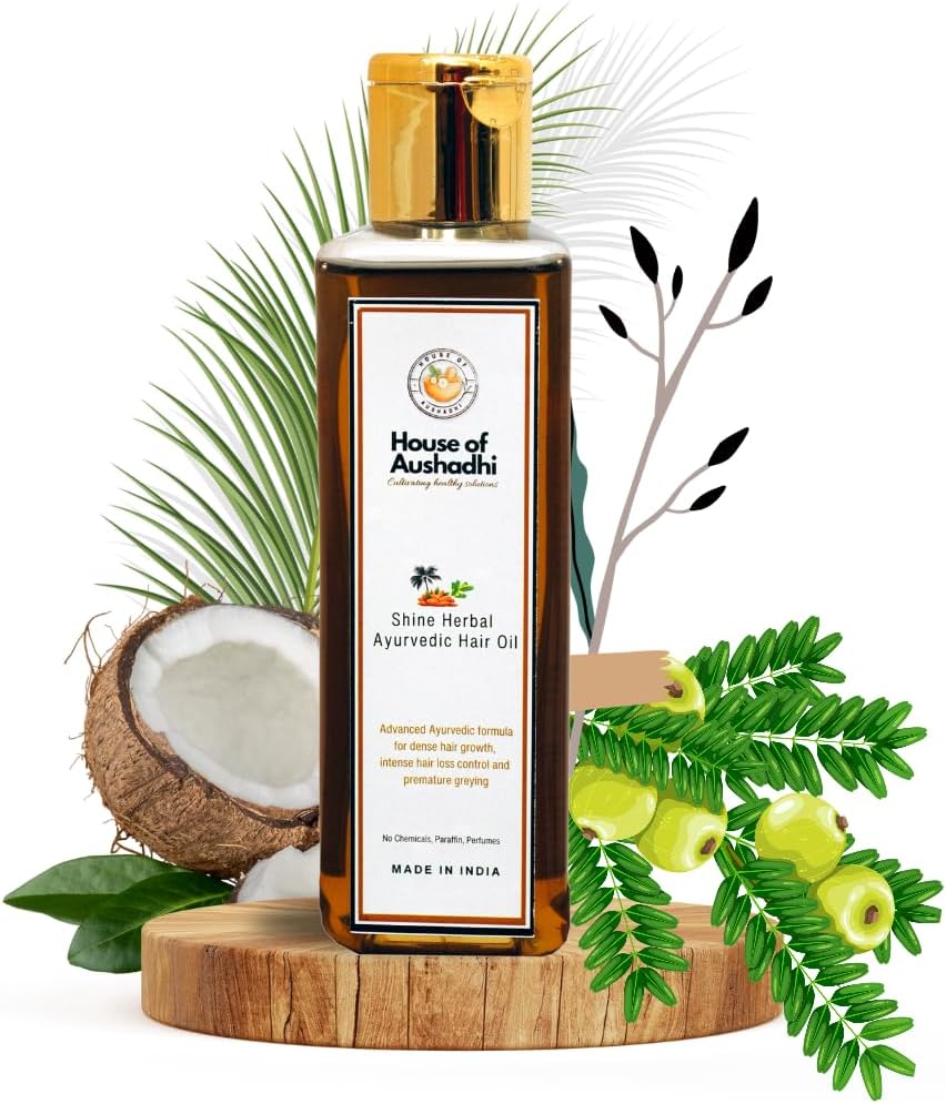 Shine Herbal Hair Oil for Hairfall, dull and damaged hair - Amla Coconut Mahabhringraj Almond + 20 active herbs for men and women, best ayurvedic hair oil for dry frizzy hair