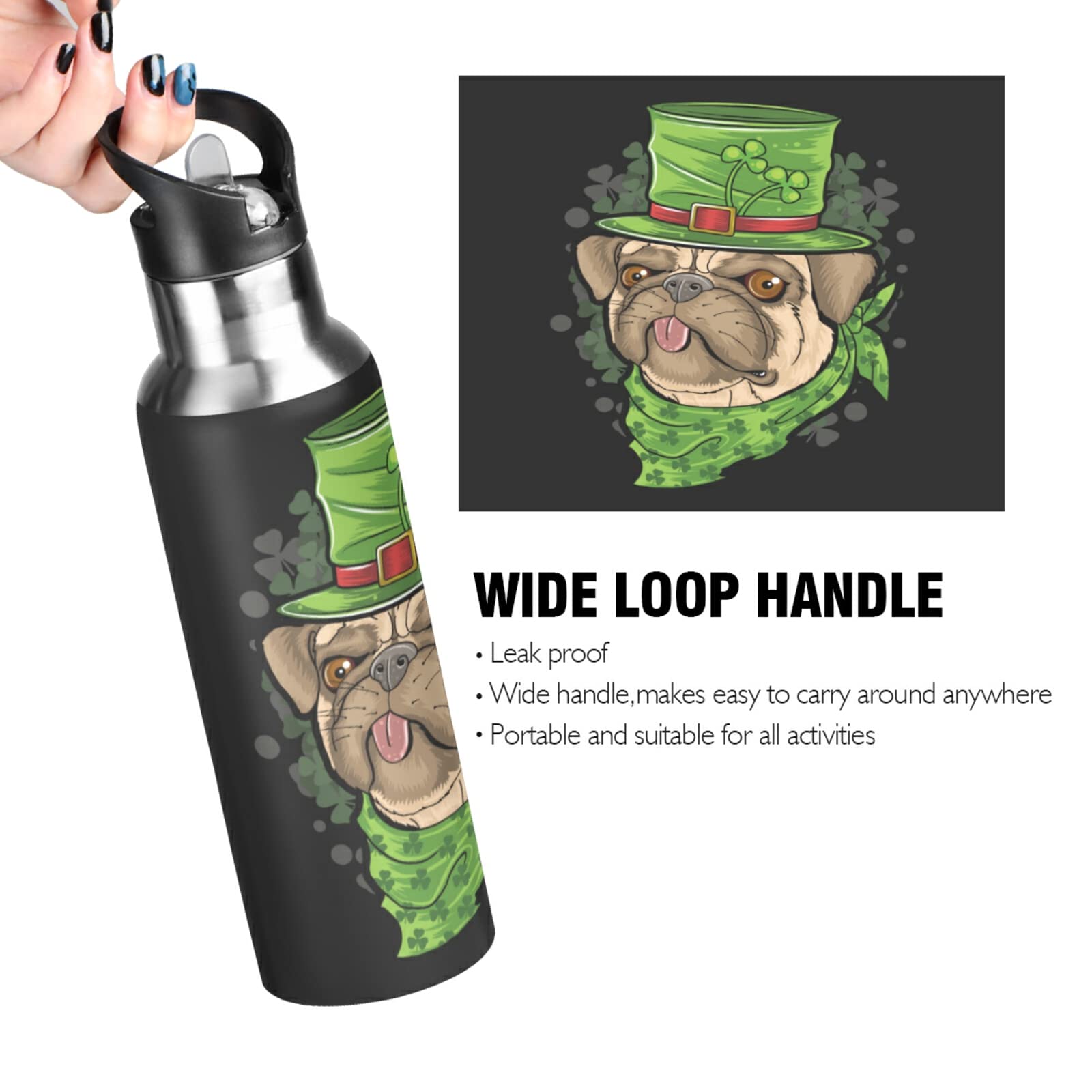 Süße Mops-Trinkflasche Mit Strohhalm – 600 Ml, Edelstahl Isoliert, BPA-frei, Für Sport, Schule & Unterwegs