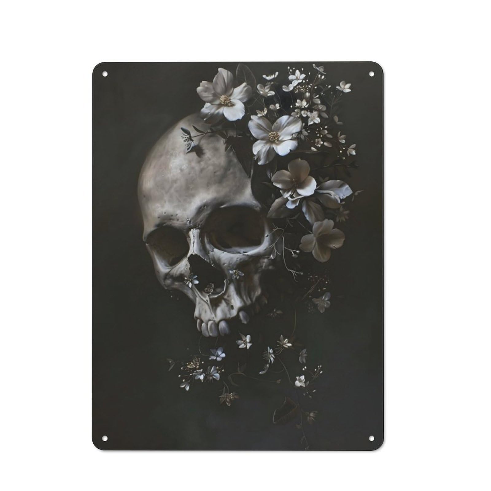 Junmoney Skull White Flowers Modern Retro Metal Wall Art Sign 40X30cm, Studio Wall Art For Modern Home, Workshop, Office Or Cafe