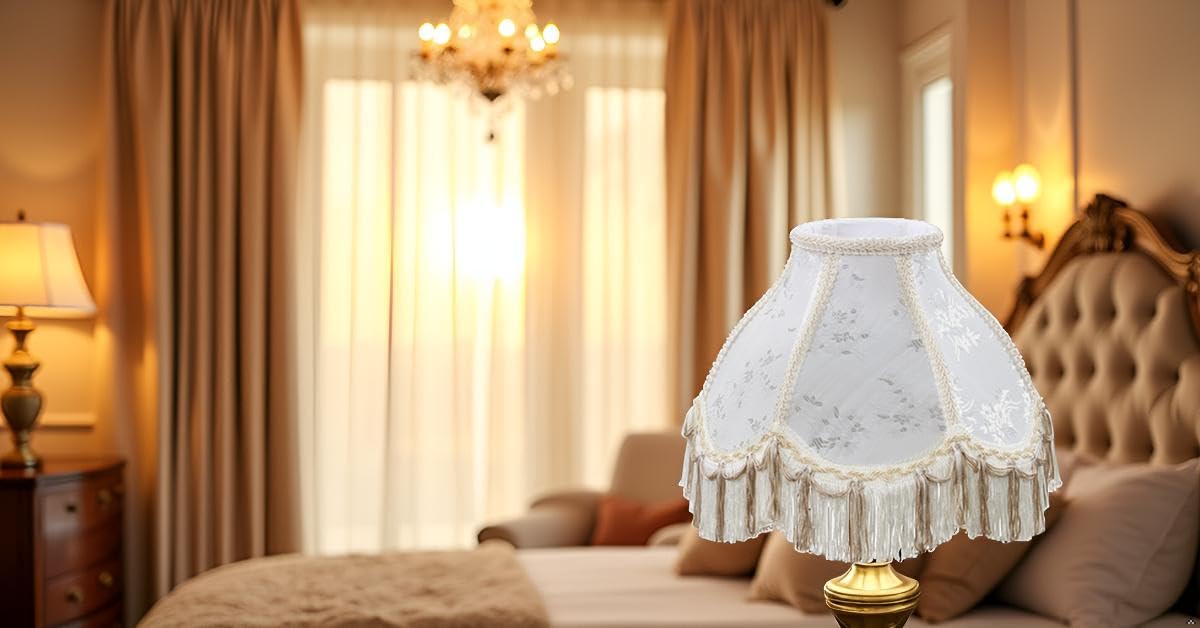 Aspen Creative Corporation 55004, ręcznie szyty muszelkowy klosz lampy przejściowy UNO z frędzlami, tkanina żakardowa w kolorze kości słoniowej, 10 cm góra x 25 cm dół x 18 cm wysokość, poślizg UNO 33