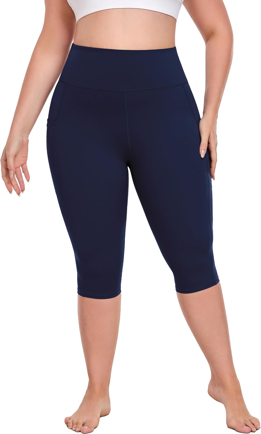 Plus Size Leggings with Pockets Knee Length, L-5XL Capri Yoga Pants High Waisted, Tummy Control Workout Leggings - Image 4