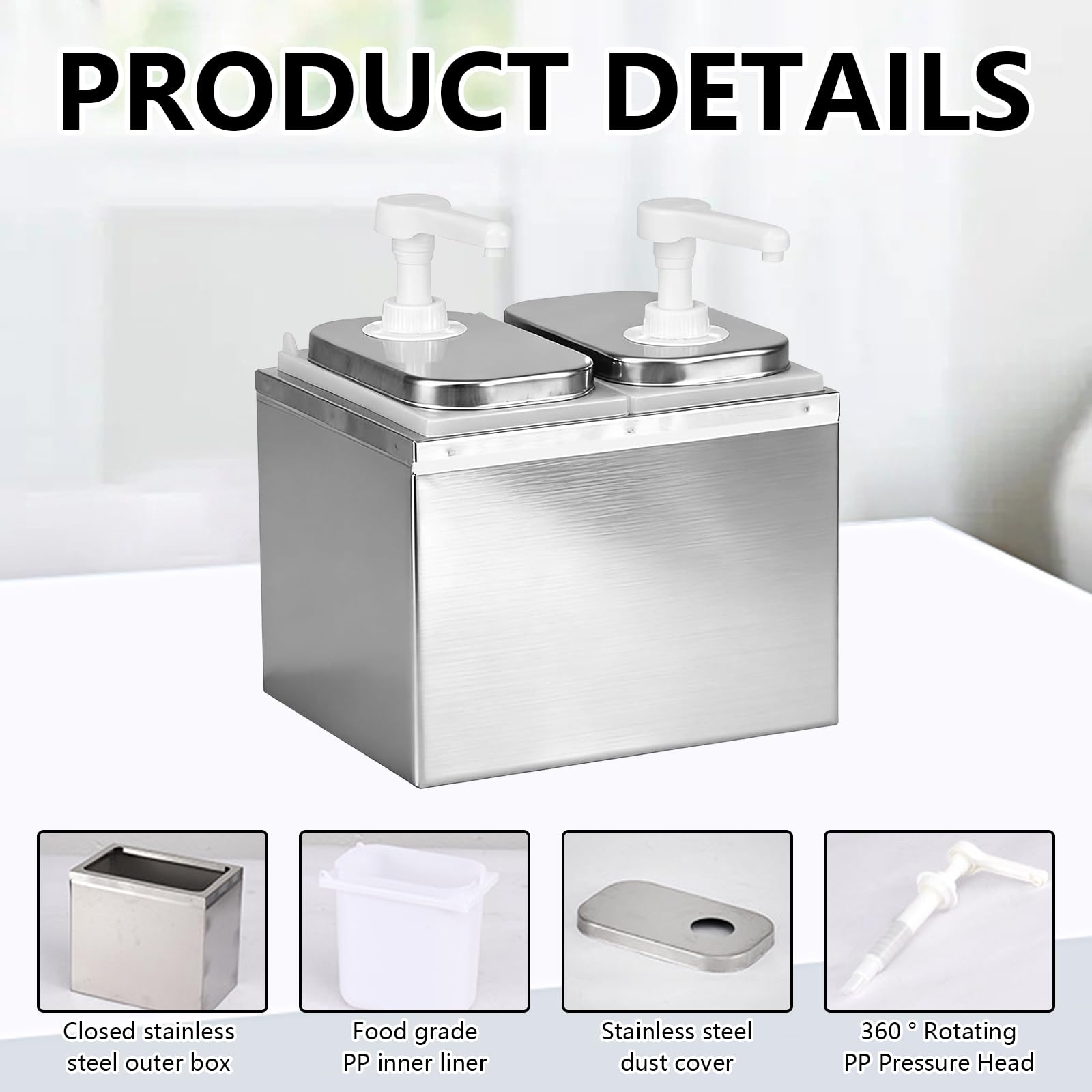 4L Saucenspender Pumpstation, Edelstahl 304 Ketchup Spender 2 x 2L Gastro Soßenspender Lebensmittelecht, Fördermenge 20ml pro Hub, für Ketchup Senf Saucen mit Partikeln bis 0,4cm Spülmaschinenfest
