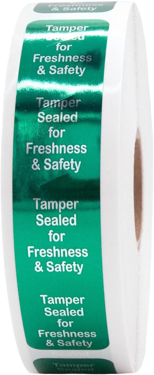 InStockLabels 500 Metallic Green Tamper-Evident Food Seal Stickers, Labels for Food Containers (0.75 Inches x 3.5 Inches)