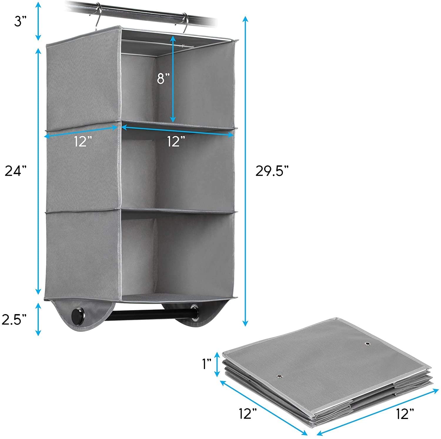 Hold N' Storage - Organizador de armario colgante de 3 estantes – Almacenamiento de armario y organizador colgante de armario RV – Gris con barra de metal negro – 12 pulgadas de ancho x 12 pulgadas de