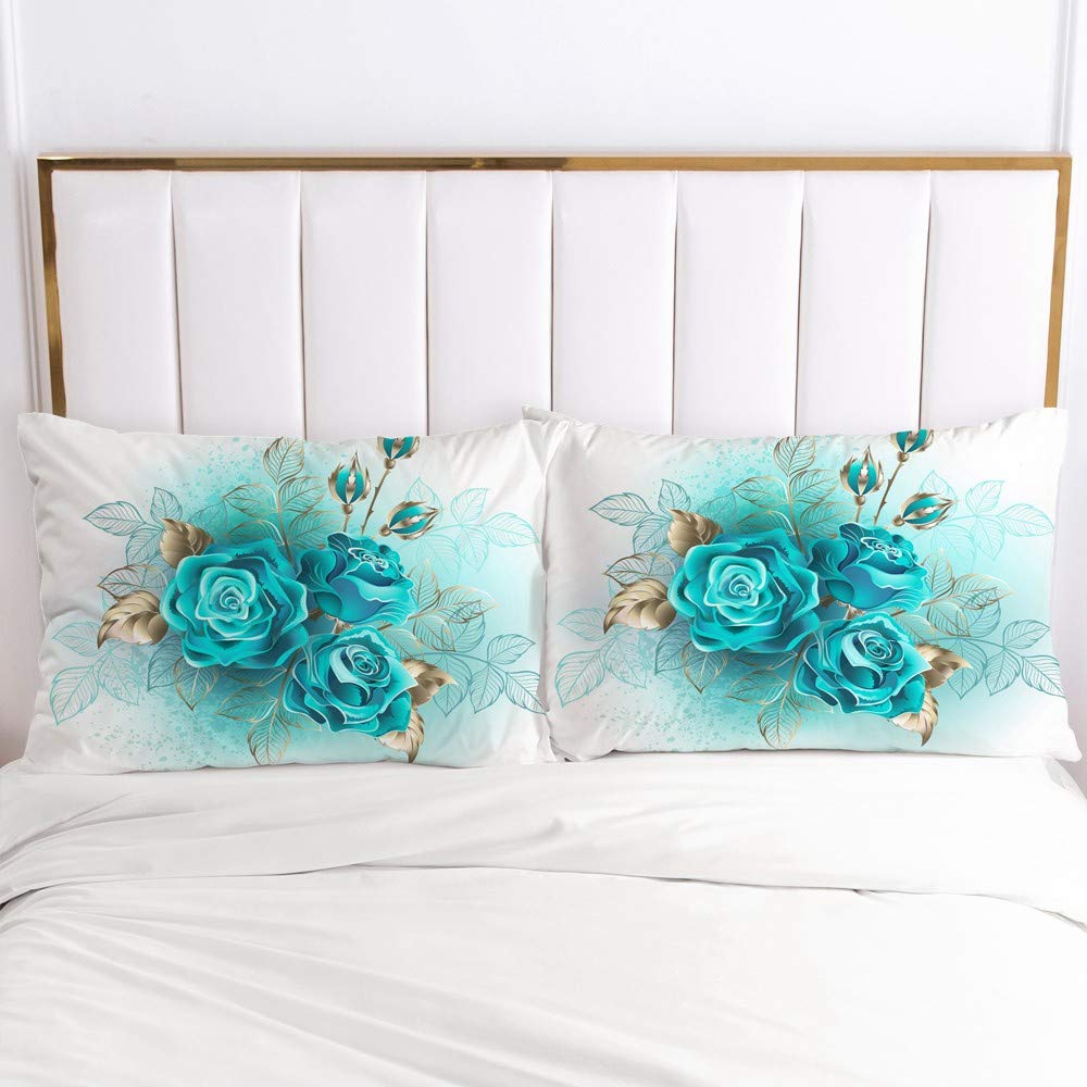 Luowei Biancheria da letto con rose 200 x 200 cm, colore turchese, con motivo floreale, romantico, in microfibra, con chiusura lampo e 2 federe da 80 x 80 cm