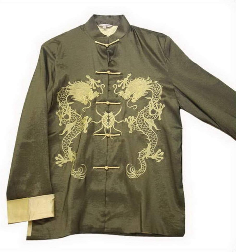 THY COLLECTIBLES Traditional Chinese Embroidered Silk Kung-Fu Tang Jacket Coat Tai Chi Uniform Double Dragon (Green, Asian XXL = US XL) - Image 4