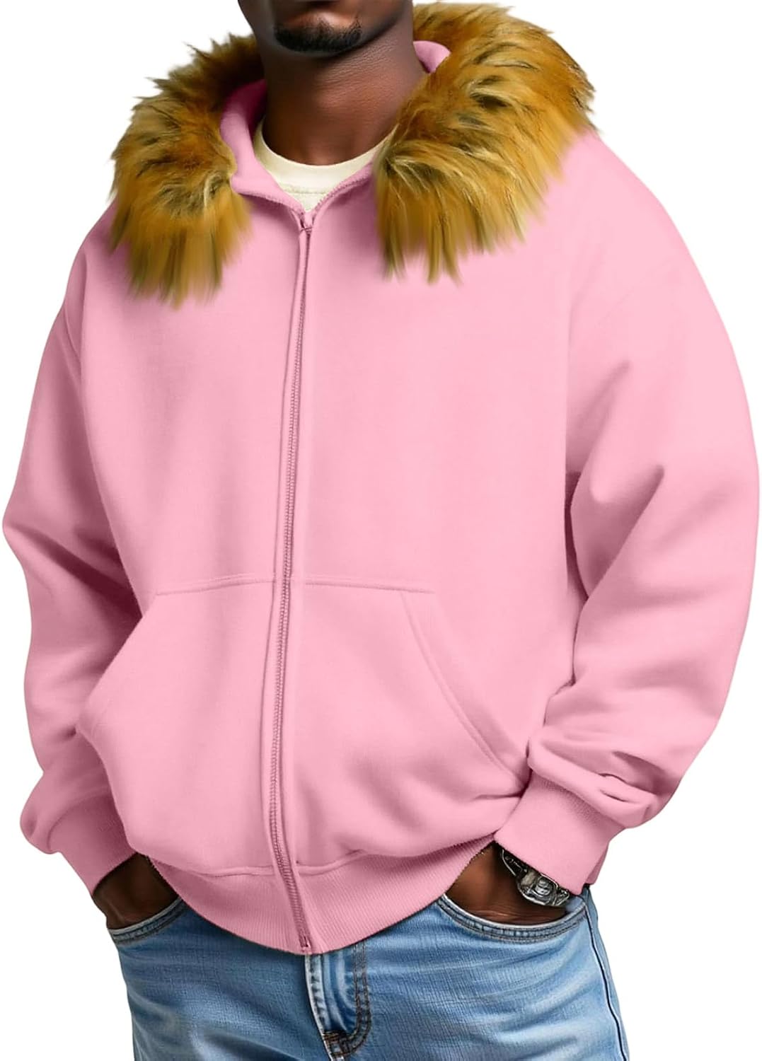 Winter Jacket Men Coats Fleece Hoodies Polyester Lightweight Thermal Long Sleeve Big and Tall Warm Sweatshirt Mens Cloth Pink XXL