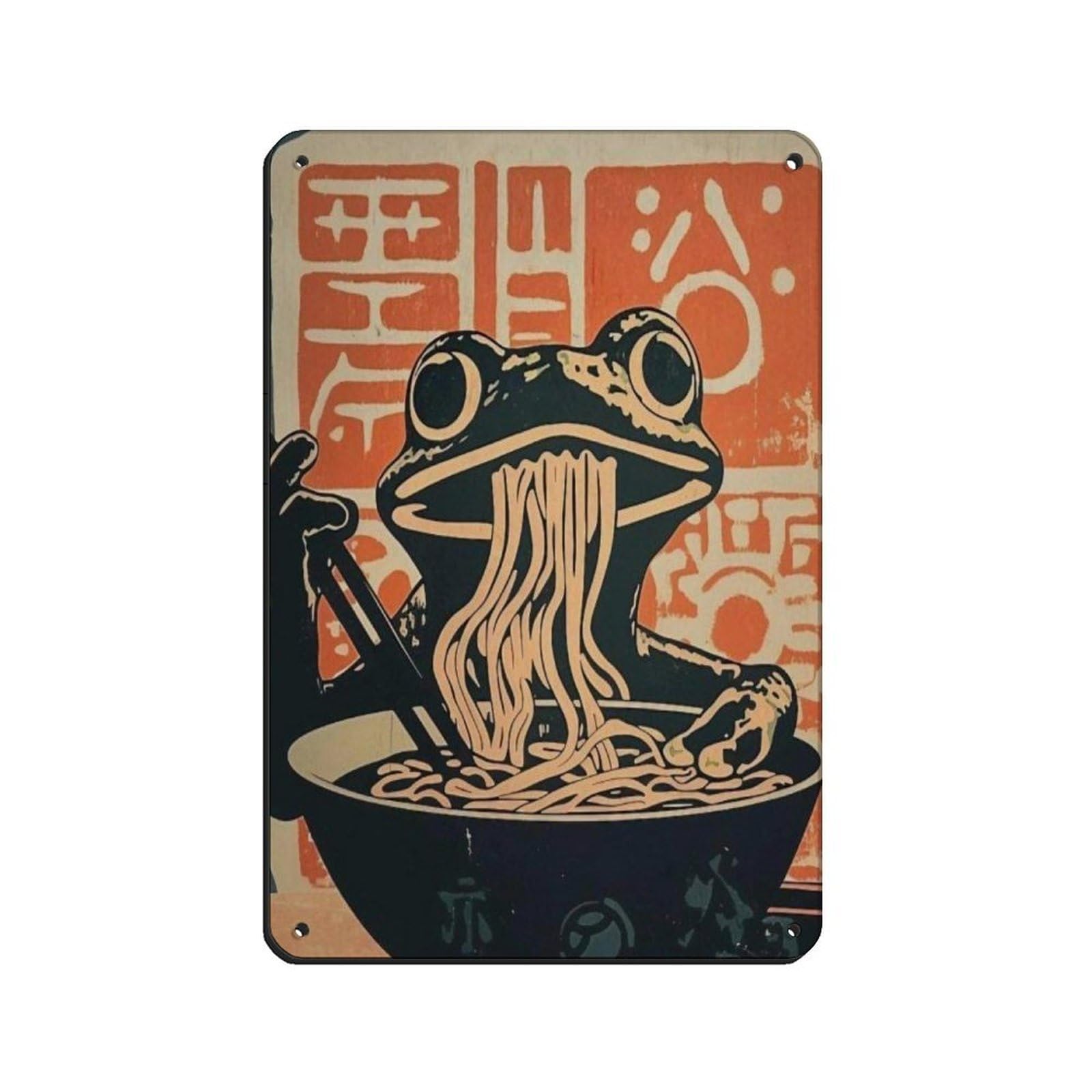 Retro Frog Eating Noodles Art Poster, Tin Sign Vintage Metal Pub Club Cafe Bar Home Wall Art Decoration Poster Retro 8x12inch(20x30cm)
