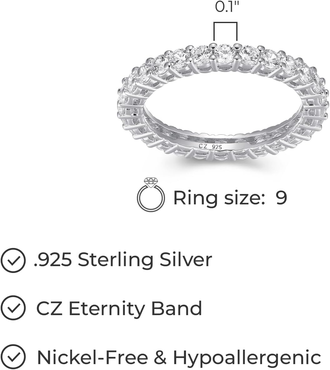 MORGAN & PAIGE Platinum Plated Sterling Silver Round Cubic Zirconia Eternity Band Ring (2.5mm)