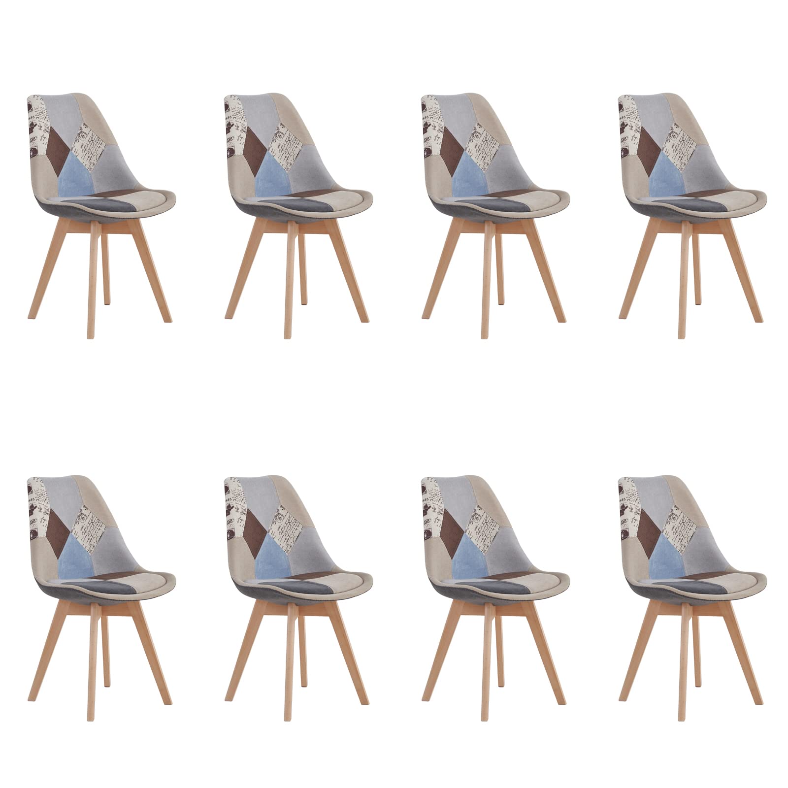 HJhomeheart Set di 8 sedie da pranzo in tessuto patchwork con cuscino del sedile e gambe in legno massello per sala da pranzo, soggiorno, cucina, ecc. (Marrone patchwork)