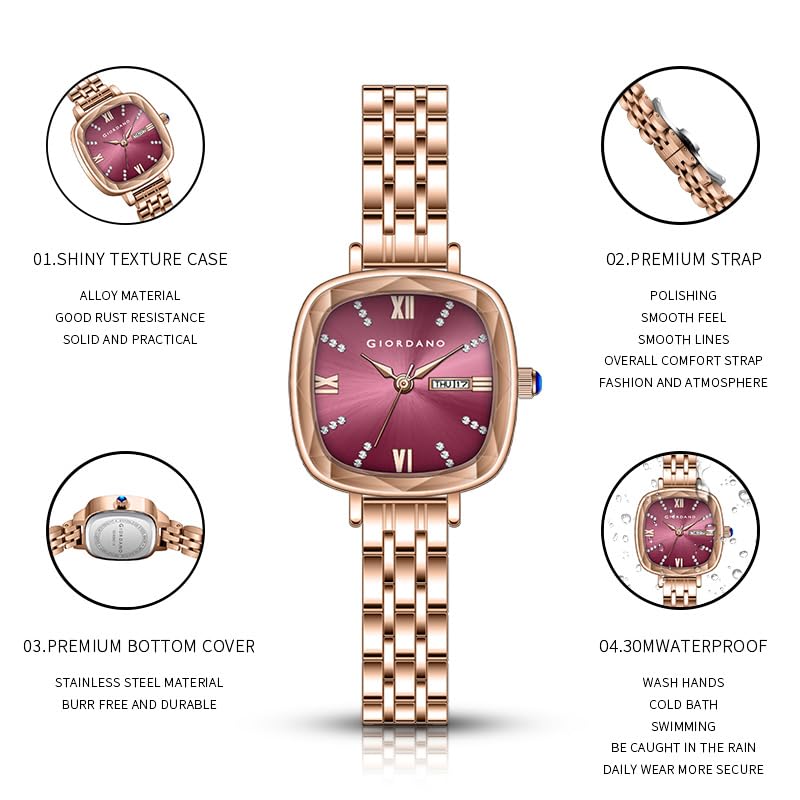 Image of Giordano Elegant Square Rose Gold Watch for Women - Crystal & Roman Hour Markers, Day-Date Display, Stainless Steel Strap