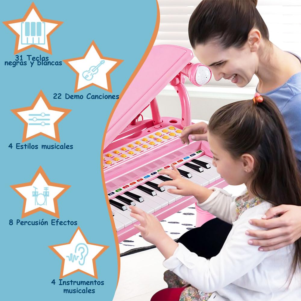 SOARS Piano pour Enfants 31 Touches, Clavier pour Enfant Électronique avec Microphone et Tabouret, Jouet Musical avec 3 Modes d'Enseignement et Fonction d'apprentissage Guidé par la Lumière, Rose