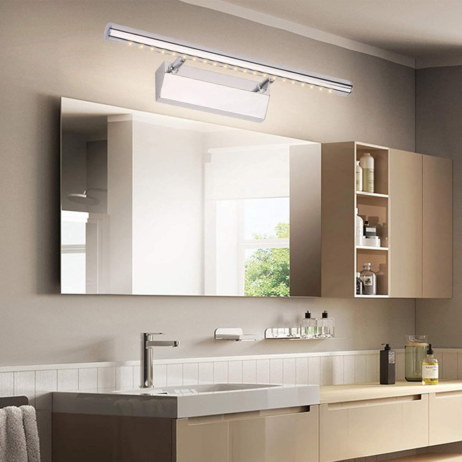 Bathroom Mirror Lights Stainless Steel with Switch, Chrome LED Mirror Front Light with Swivel 180° Lamp Head, 3000K Warm White Modern Mirror Cabinet Lights for Toilet Wall Lamp,55cm/7W