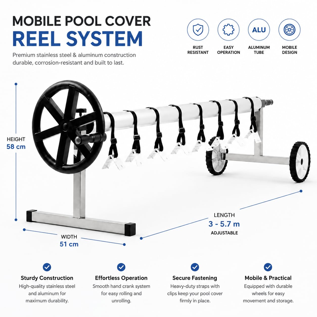Système d'enroulement Mobile, Réglable de 3 m-5,7 m, Enrouleur piscine, Enrouleur de bâche de piscine, Résistant aux Intempéries, avec Roulettes et Sangles de Fixation, Dispositif d'enroulement-CR4