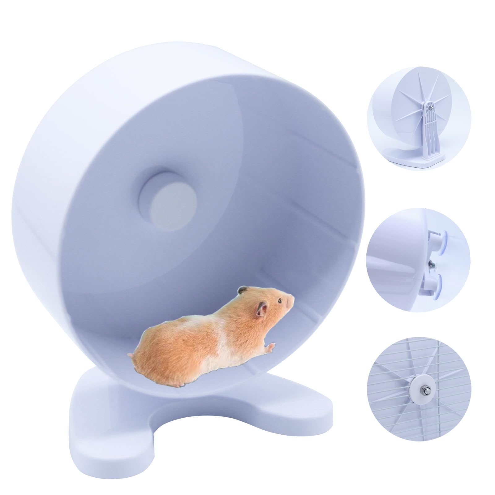 Superleise Hamster-Laufräder, 21,6 cm, 21,6 cm, Doppel-Kugellager, leiser Spinner, Hamster-Laufräder mit Ständer für Hamster, Rennmäuse, Mäuse oder andere Kleintiere (weiß, groß)