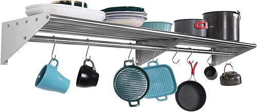 HALLY Estante de acero inoxidable con 9 ganchos en S de 12 x 62 pulgadas montado en la pared, estantería flotante comercial NSF para almacenamiento