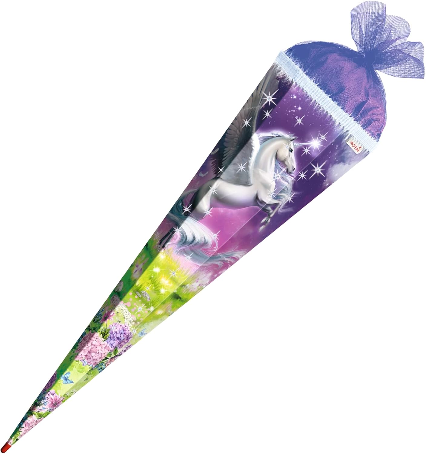 ROTH Schultüte groß Magic Pegasus mit Glitter und Borte 85 cm eckig Rot(h)-Spitze Tüllverschluss Zuckertüte Schulanfang